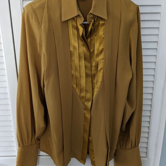 Jac Dale Vtg Blouse Womens sz 4 Mustard Yellow Silky Cuff Pleated Retro Glam 90s - Picture 11 of 12